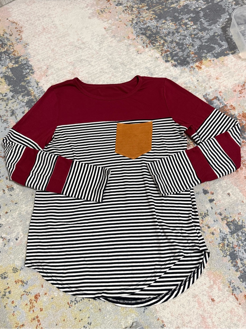Kids Long Sleeve Striped Tee with Burgundy Yoke and Tan Pocket